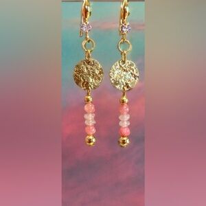 Hammered  Goldtone  & Pink/White Persian Jade Beaded 18k Gold Plated